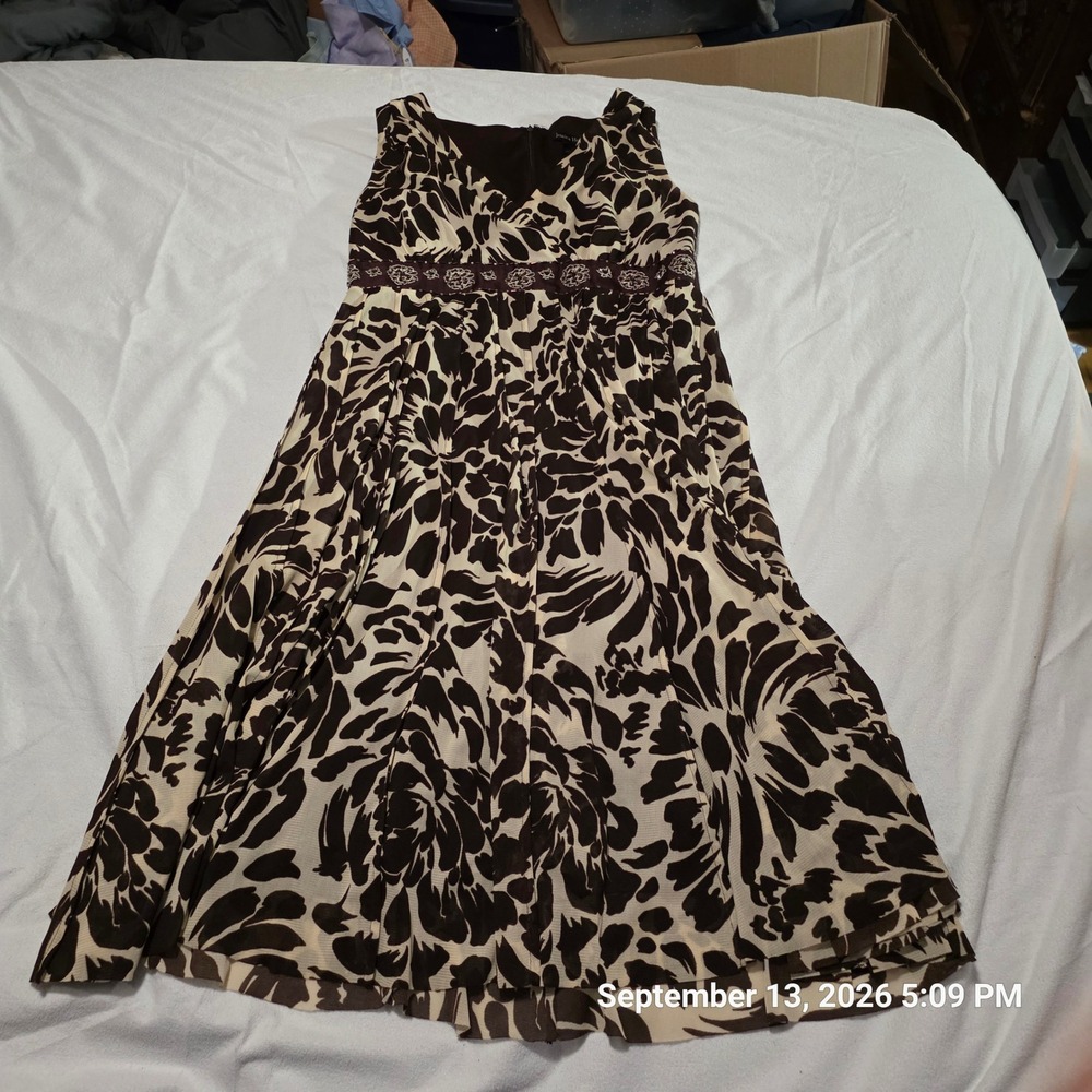 Jessica Howard Brown Cream Abstract Floral Beaded Empire Waist Midi Dress 10